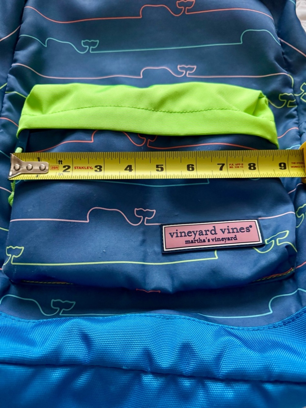 Vineyard Vines Kids School Daycare Backpack Bookbag Neon Green Whale Blue Lines - Picture 14 of 15